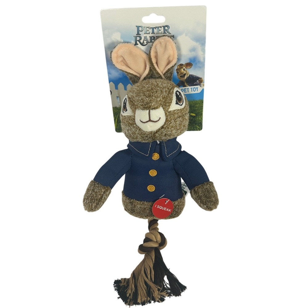 Peter Rabbit Pet Toy Dog Squeaky Plush Rope Tail Blue NWT Movie Character‎